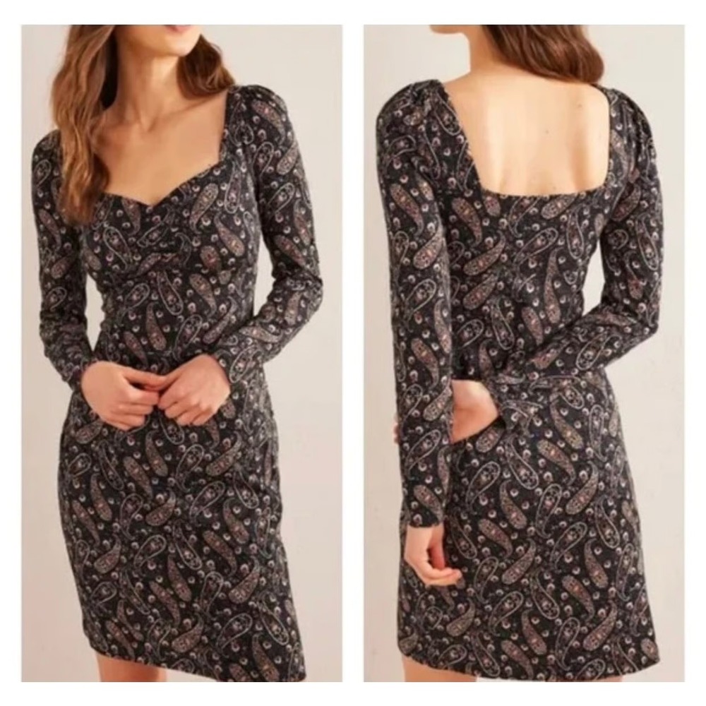 Boden Womens Paisley Sweetheart Neck Jersey Dress Navy Blue Long Sleeve 14R